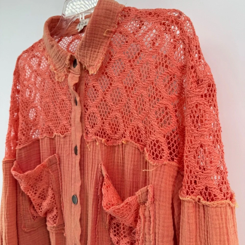 POL Coral Orange Gauze Crochet Lace Button Down Shirt Women Oversized Small Boho